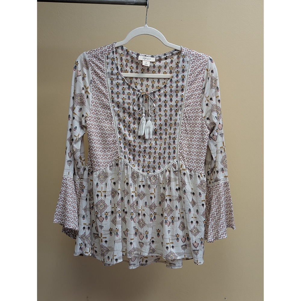 Style & Co Peplum Boho Peasant Blouse M Bell Sleeve Tassel Tie Mixed Print Indie - Picture 2 of 14